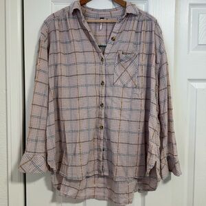 Free People Plaid Button Down Shirt in Pink and Blue
